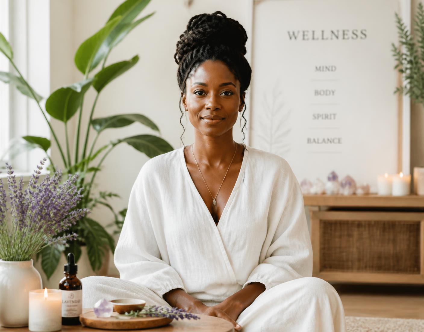 Wellness practitioner seated in a bright plant-filled studio